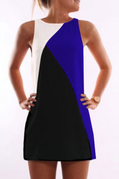 Fashion Colorblocked Geometric Round Neck Sleeveless Casual Loose Mini Tank Dress