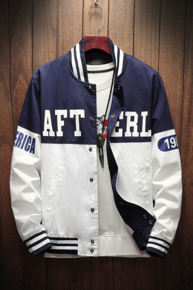 Fashion Letter LIMITED Back Rib Stand Collar Long Sleeve Zip Up Blue and White Colorblock Baseball Jacket