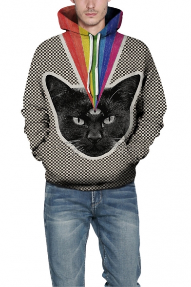 Fashion Rainbow Cat 3D Print Colorblock Drawstring Hood Plaid Long Sleeve Unisex Hoodie