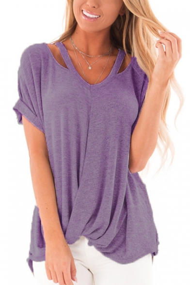 Fashion Simple Plain Cutout Short Sleeve V-Neck Twist Hem Loose Fit T-Shirt