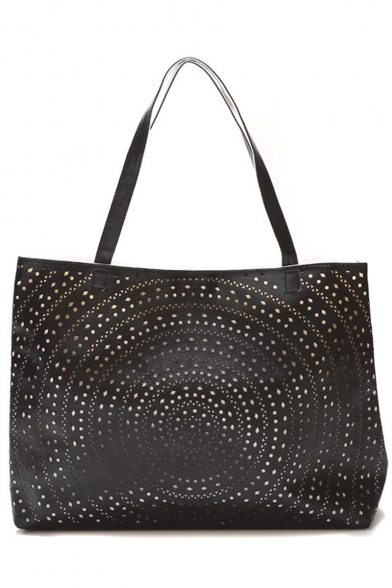 Fashion Solid Color Hollow-out Black PU Leather Shoulder Bag Tote Bag 45*36 CM