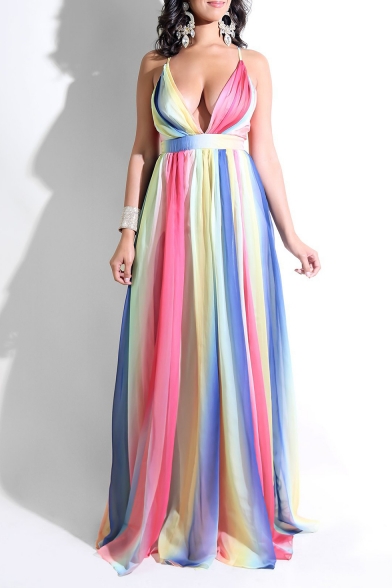 Fashionable Plunge Neck Spaghetti Straps Ombre Pattern Backless Length Floor Slip Chiffon Nightclub Dress