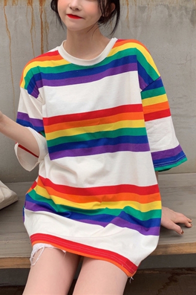 Girls Summer Trendy Colorful Striped Printed Round Neck Oversized Longline T-Shirt