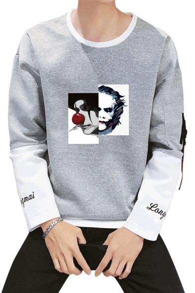 Guys New Fashion Clown Printed Patched Long Sleeve Round Neck Casual Loose Sweatshirt