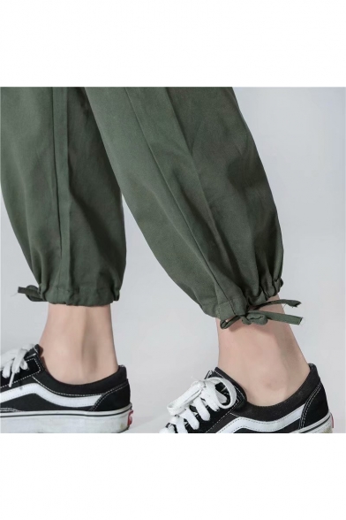 Guys Summer Cotton Simple Solid Color Drawstring Waist Drawcord Cuff Loose Fit Carrot Pants