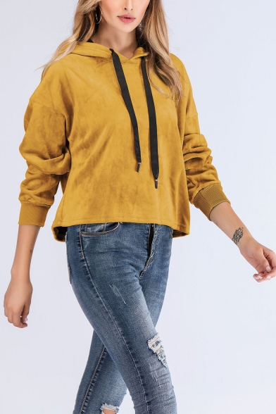 Hot Fashion Simple Plain Long Sleeve Relaxed Casual Velvet Drawstring Hoodie