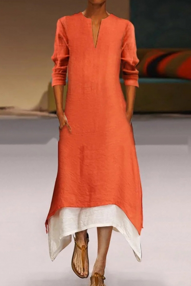 Hot Fashion V-Neck Long Sleeve Plain Asymmetric Hem A-Line Maxi Dress