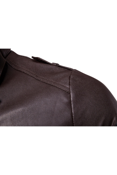 Hot Popular Mens Cool Stand Collar Button Embellished Long Sleeve Zip Up Coffee PU Fitted Motor Jacket