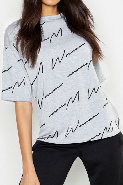 Hot Popular Simple Cool Letter Line Print Round Neck Relaxed T-Shirt