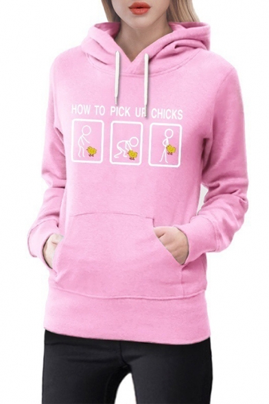 HOW TO PICK UP CHICKS Letter Cartoon Figure Printed Long Sleeve Drawstring Hoodie with Pocket