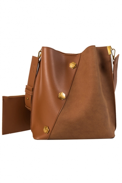 Large Capacity Solid Color PU Leather Rivet Embellishment Frosted Shoulder Bucket Bag 26*30*15 CM