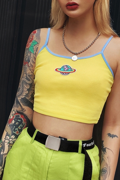 Lovely Rainbow Planet Printed Spaghetti Straps Sleeveless Embroidered Cropped Yellow Cami
