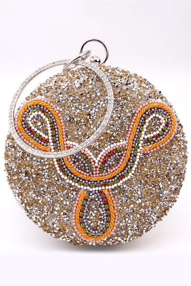 Luxury Colored Beaded Embellishment Gold Round Clutch Handbag 18*18 CM