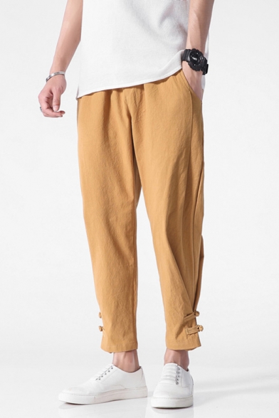 Men's Summer Linen Simple Plain Drawstring Waist Frog Button Gathered Cuff Casual Tapered Pants