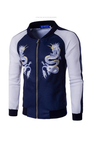 Mens New Trendy Dragon Pattern Stand Collar Long Sleeve Colorblock Zip Up Navy Baseball Jacket