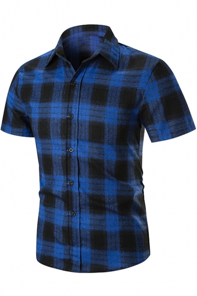 Mens Summer Fashion Check Printed Short Sleeve Slim Fitted Button Shirt