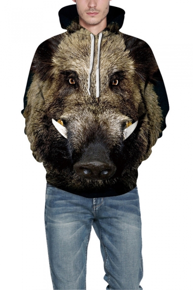 New Arrival 3D Wild Boar Printed Black Drawstring Hoodie with Pocket