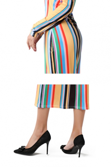 New Trendy Off The Shoulder Long Sleeve Stripes Printed Maxi Shift Dress