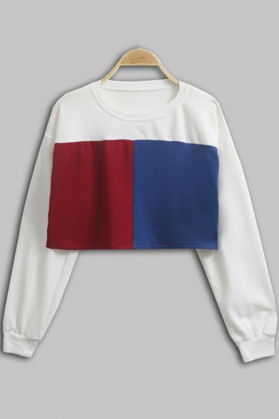 New Trendy Round Neck Long Sleeve Colorblock Casual Cropped Sweatshirt