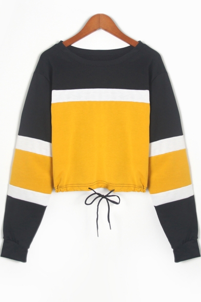 Popular Colorblock Round Neck Long Sleeve Drawstring Hem Cropped Sweatshirt