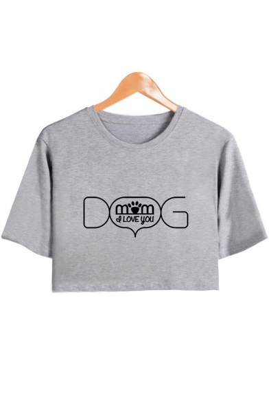 Popular Letter DOG MOM Print Round Neck Short Sleeve Casual Crop Tee