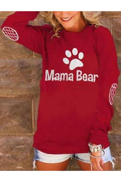 Popular Letter MAMA BEAR Footprint Pattern Round Neck Long Sleeve Loose Fit Sweatshirt
