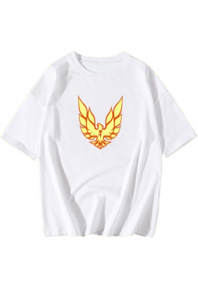 Popular Phoenix Pattern Round Neck Short Sleeve White Unisex Tee