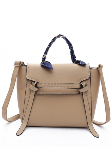 Simple Fashion Plain Leather Buckle Silk Scarf Handle Commuter Satchel Handbag 20*33*12 CM