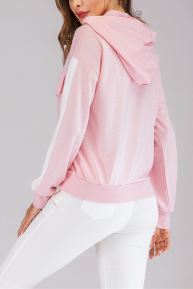 Simple Letter SUNFLOWER Four-Button Front Stripe Long Sleeve Pink Casual Hoodie