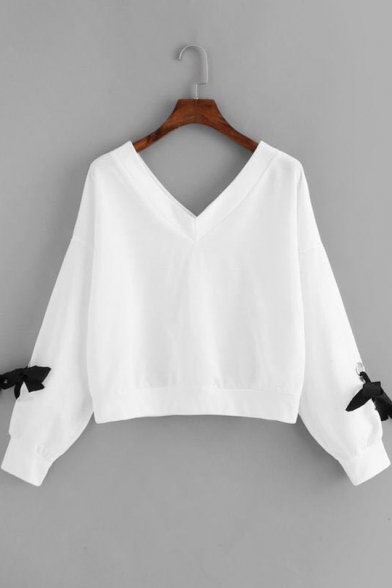 

Simple Solid Color V Neck Long Sleeve Bow Tie Pullover Sweatshirt, LM530404, Burgundy;green;white