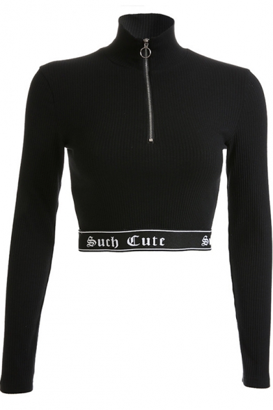 Street Letter SUCH CUTE Printed Hem Half-Zip Stand Collar Long Sleeve Black Crop Slim Sweatshirt