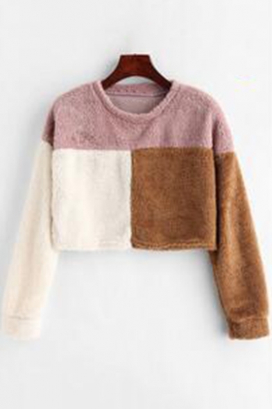 Stylish Color Block Round Neck Long Sleeve Lamb Pullover Cropped Sweatshirt