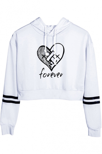 Stylish Heart Letter FOREVER Striped Long Sleeve Casual Loose Cropped Hoodie