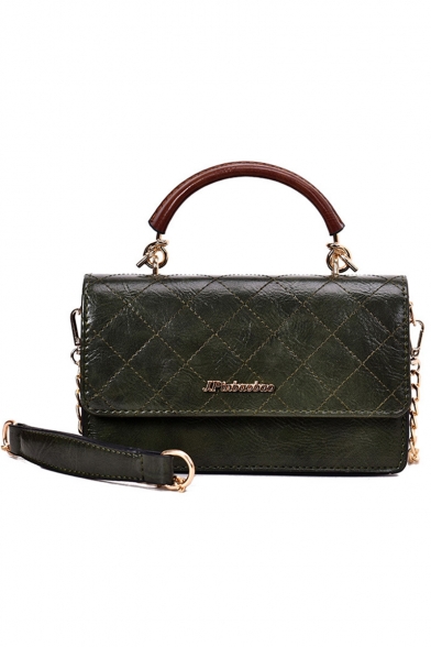 Stylish Plain Diamond Check Quilted Top Handle Crossbody Satchel Bag with Chain Strap 21*12*7 CM