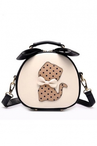 Stylish Polka Dot Cat Pattern Bow Embellishment Round Crossbody Bag