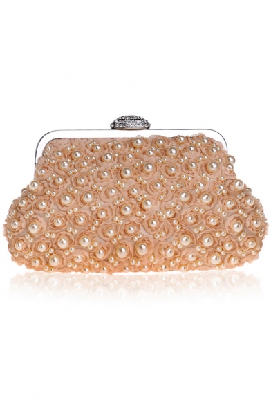 Stylish Solid Color Ruffled Pearl Embellishment Evening Clutch Bag 23.5*4.5*13.5 CM