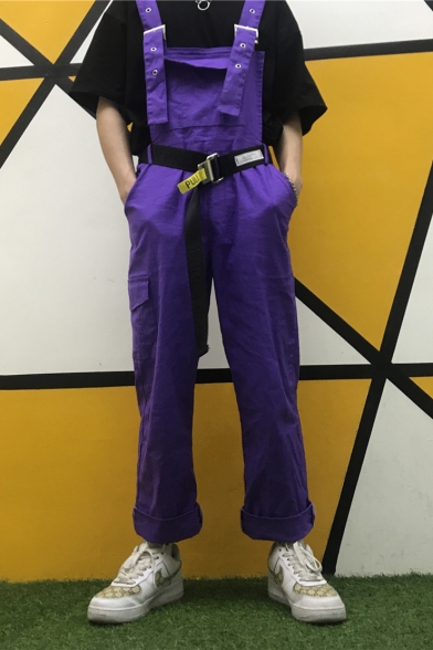 Summer Cool Hip Hop Style Purple Belted Waist Straight Fit Work Bib Overalls Pants