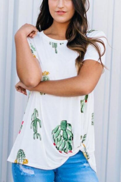 Summer Funny Cactus Pattern Round Neck Short Sleeve White Loose Tee