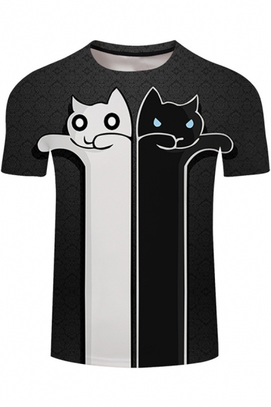 Summer Funny Cute Black and White Cat Printed Basic Short Sleeve T-Shirt