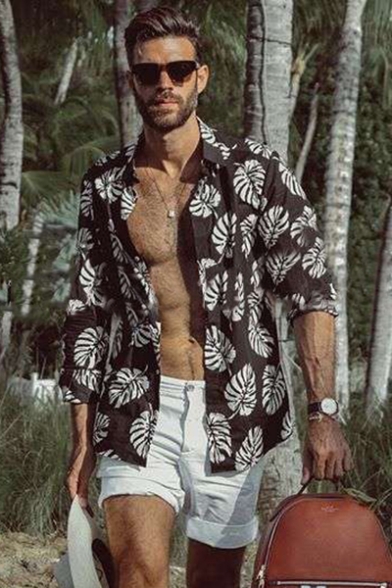 Summer Holiday Tropical Leaf Printed Black Long Sleeve Casual Beach Hawaiian Shirt for Men