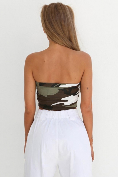 Summer New Trendy Camouflage Printed Sleeveless Green Cropped Bandeau Top