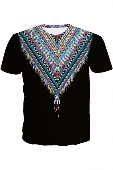 Summer Street Fashion Tribal Feather Printed Short Sleeve Round Neck Black Tee