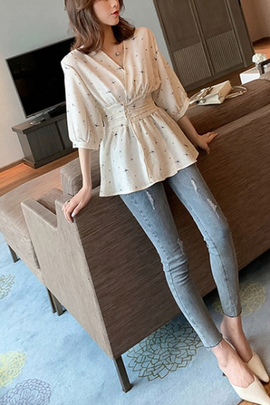 Summer Unique Allover Star Printed V-Neck Gathered Waist Blouse Top for Women