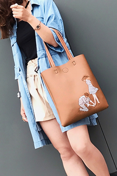 Trendy Character Embroidery Pattern PU Leather Shoulder Bag 30*34*1 CM