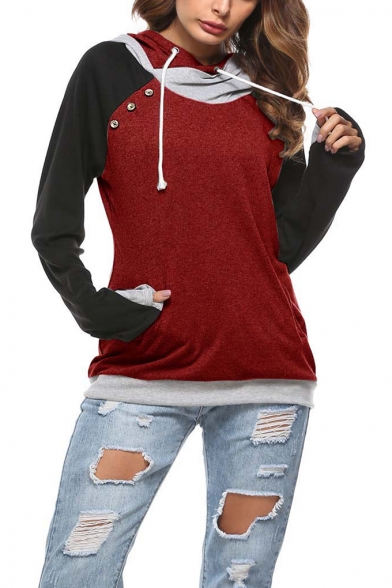 Trendy Color Block Simple Solid Color Button Embellished Long Sleeve Drawstring Hoodie