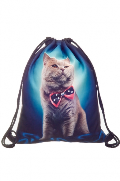 Trendy Creative 3D Bow Cat Printed Blue Storage Bag Drawstring Backpack 30*39 CM