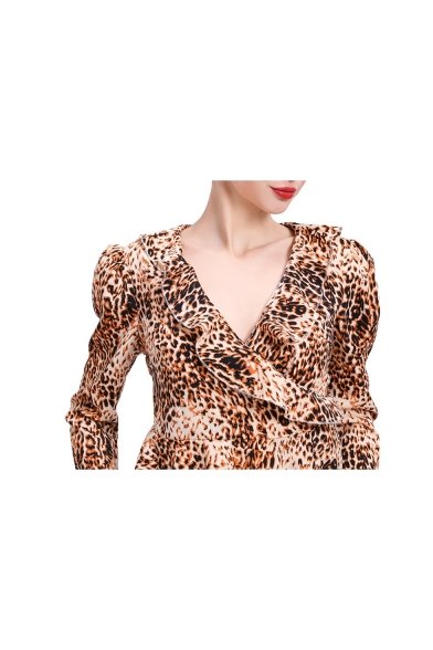 Trendy Ruffled Surplice V-Neck Flared Long Sleeve Leopard Print Blouse