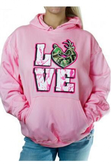 Unique Letter LOVE Pattern Loose Fit Pullover Pink Hoodie