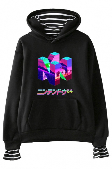 Vaporwave Unique Letter Printed Long Sleeve Fake Two-Piece Loose Fit Unisex Hoodie