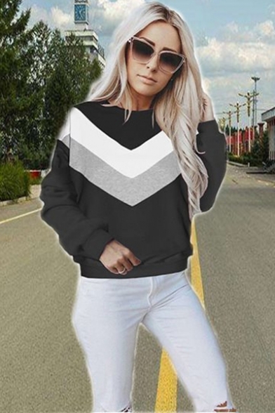 Women's Colorblock Stripe Print Round Neck Long Sleeve Sweatshirt